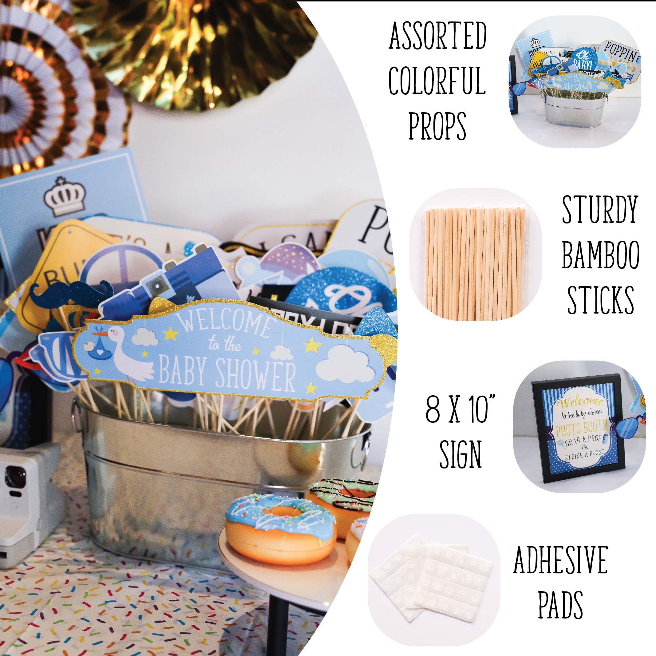 Boy Baby Shower Photo Booth Props - 41-Pc Photo Booth Kit With 8 X 10-Inch Sign, 60 Adhesive Pads, 45 Sticks - Picture Props For